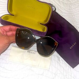 Gucci Tortoiseshell Crystal-Trim Cat Eye Sunglasses - Brown/Black Lenses